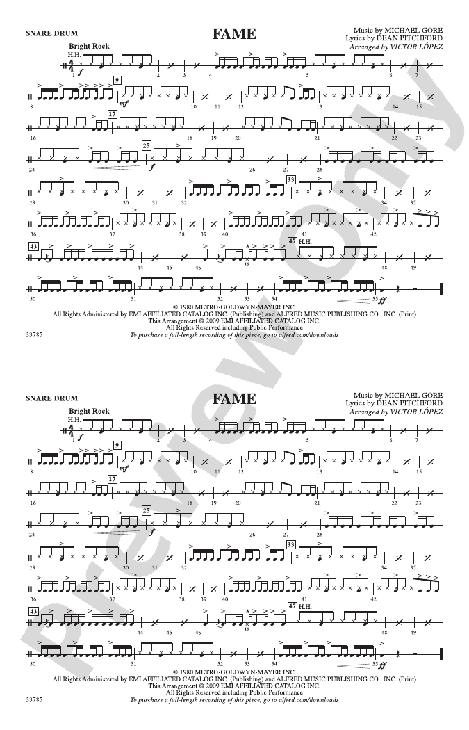 Fame Snare Drum Snare Drum Part Digital Sheet Music Download