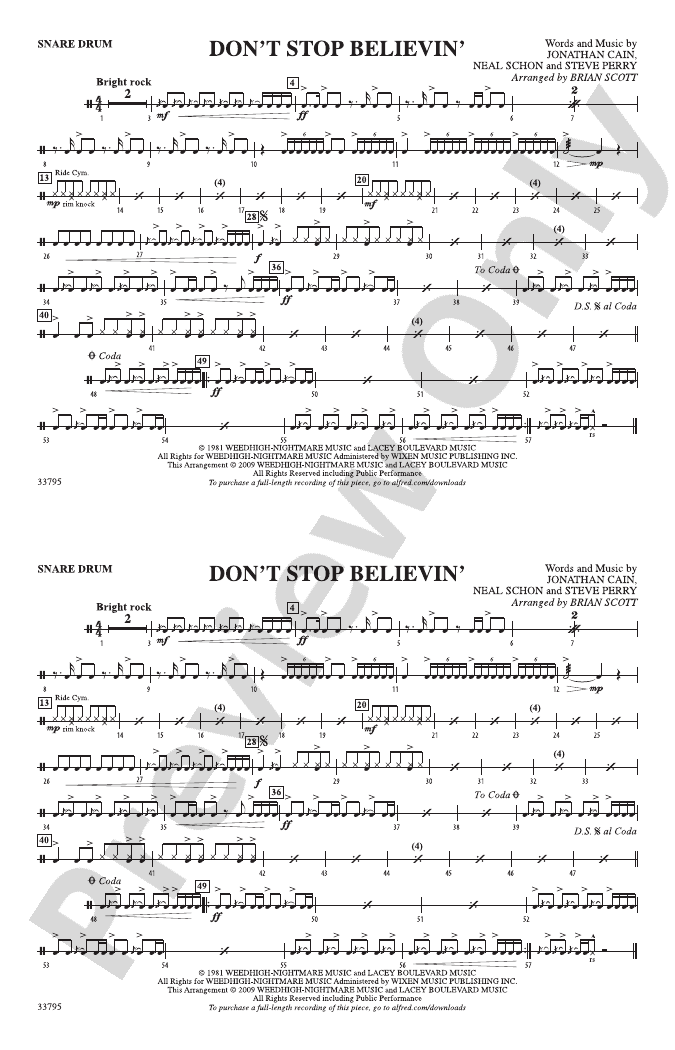 Don't Stop Believin': Snare Drum: Snare Drum Part - Digital Sheet Music ...