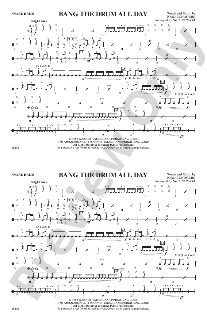 Bang The Drum All Day Snare Drum Snare Drum Part Digital Sheet