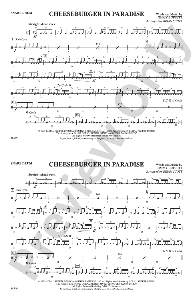 Cheeseburger in Paradise Snare Drum Snare Drum Part Digital Sheet