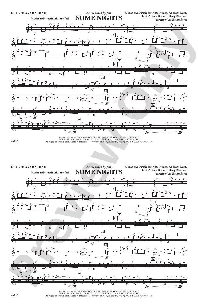 Some Nights Eflat Alto Saxophone Eflat Alto Saxophone Part