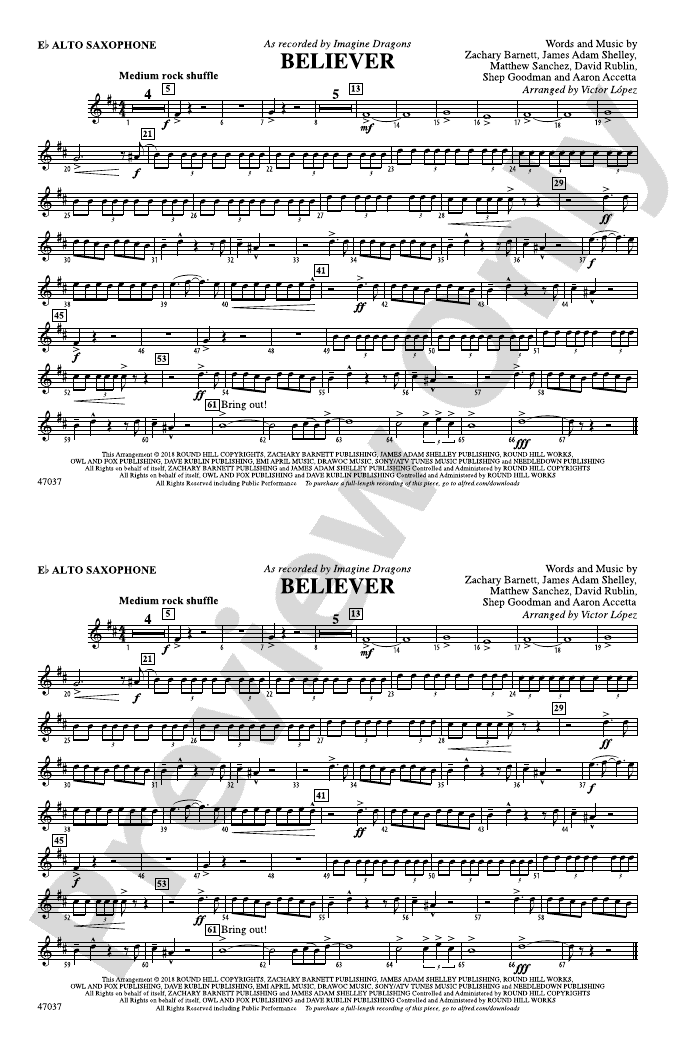 Believer Eflat Alto Saxophone Eflat Alto Saxophone Part Digital