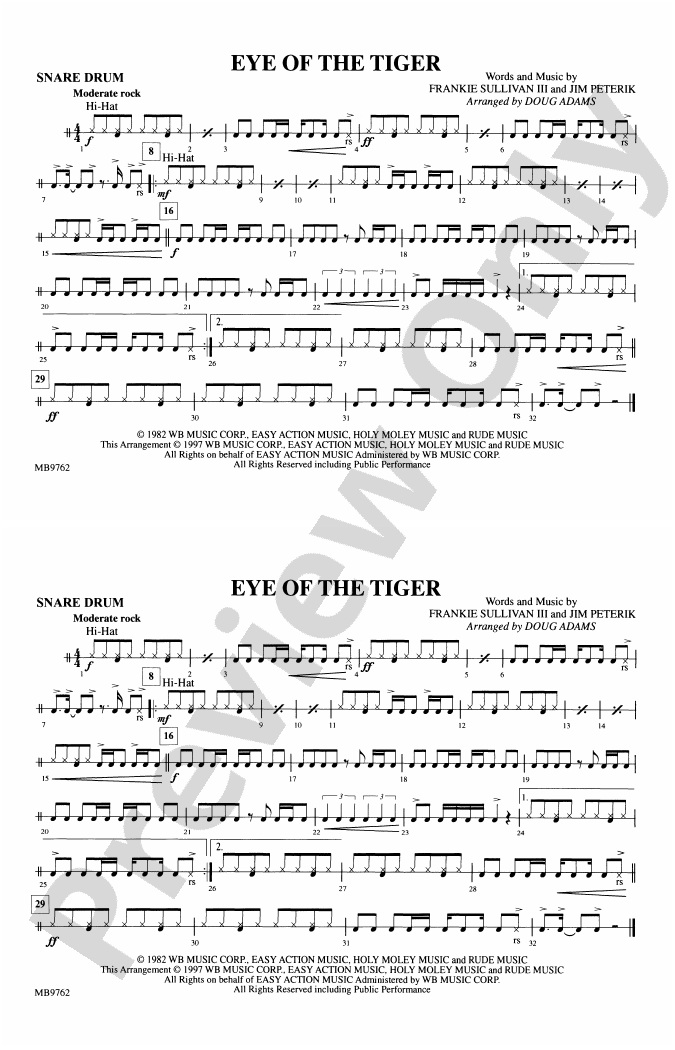 Eye of the Tiger Snare Drum Snare Drum Part Digital Sheet Music