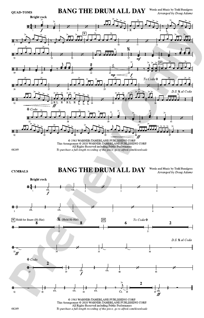Bang the Drum All Day QuadToms QuadToms Part Digital Sheet Music