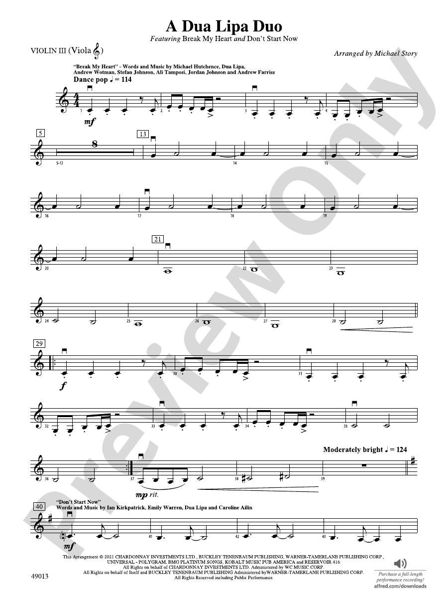 A Dua Lipa Duo 3rd Violin Viola Tc 3rd Violin Viola Tc Part Digital Sheet Music Download 7441