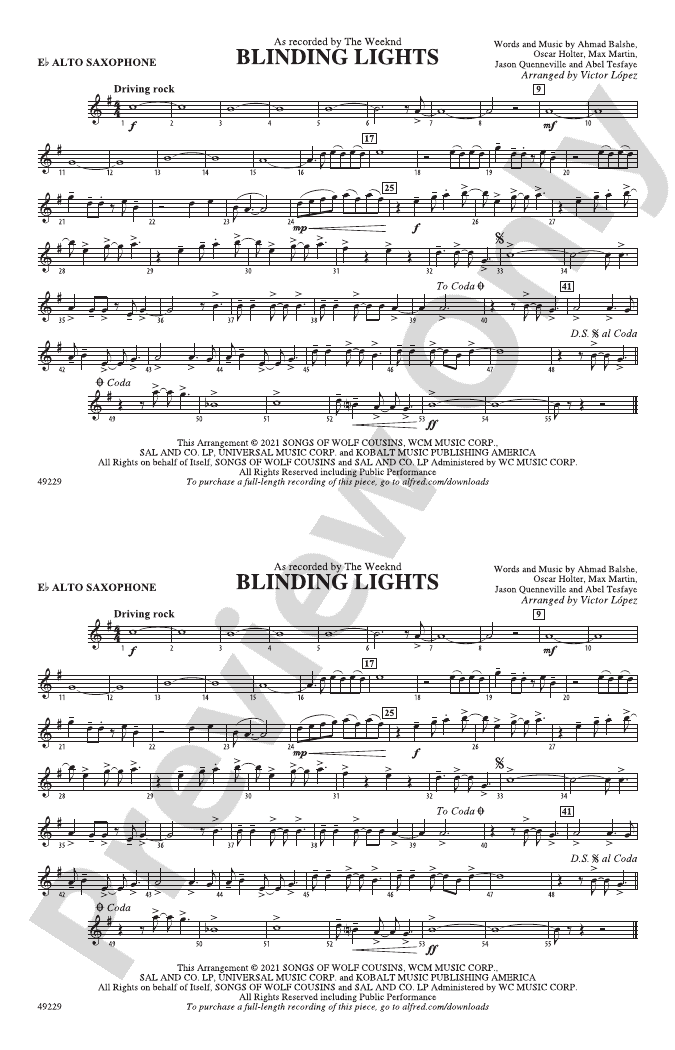 Blinding Lights Eflat Alto Saxophone Eflat Alto Saxophone Part