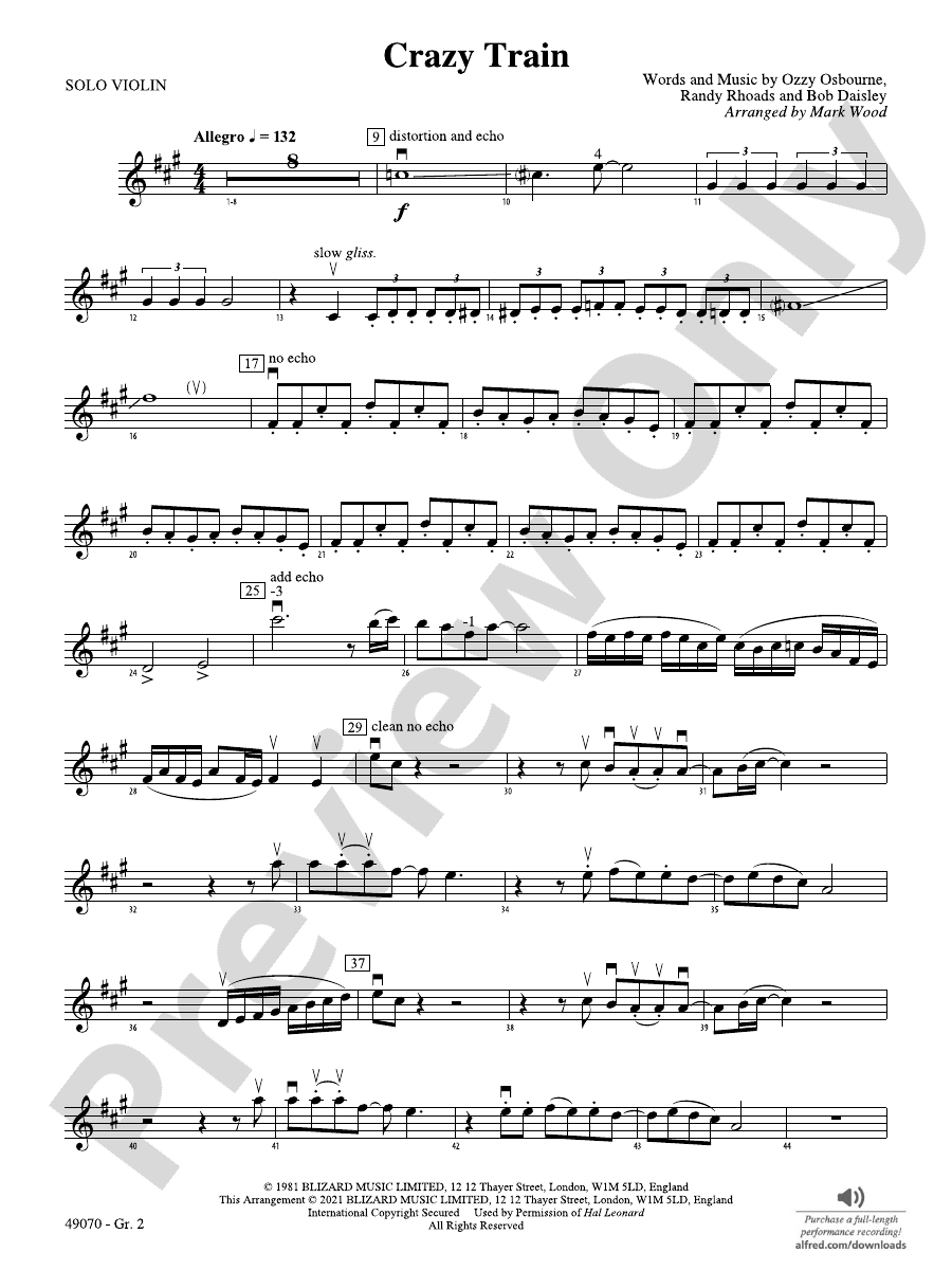 Crazy Train Solo Violin Solo Violin Part Digital Sheet Music Download