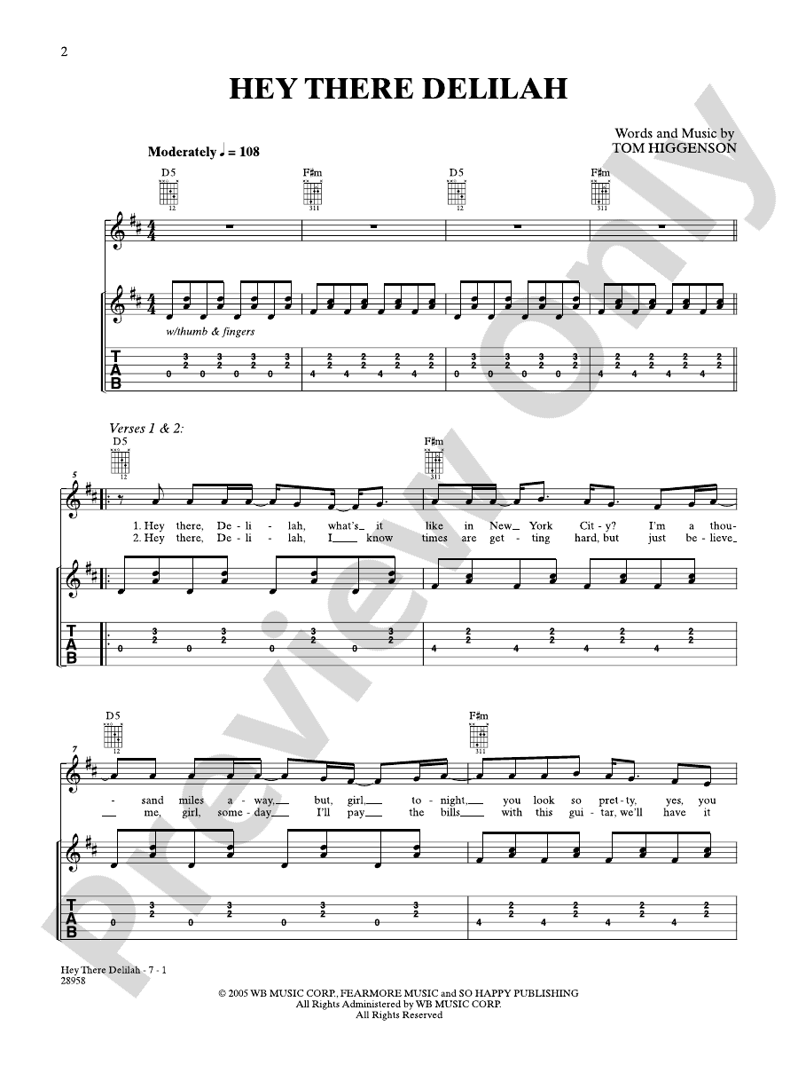 Hey There Delilah Guitar Plain White T S Digital Sheet Music Download