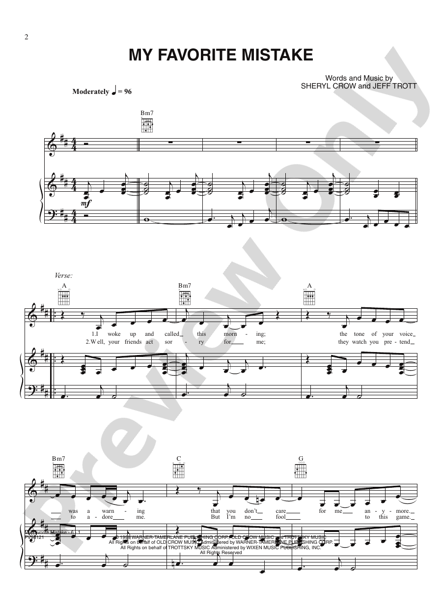 My Favorite Mistake Piano/Vocal/Chords Sheryl Crow Digital Sheet