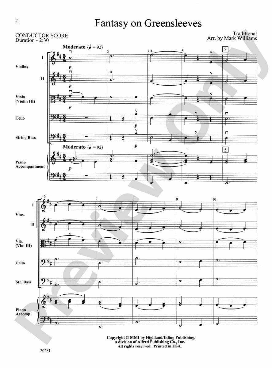Fantasy on Greensleeves String Orchestra Conductor Score & Parts Mark