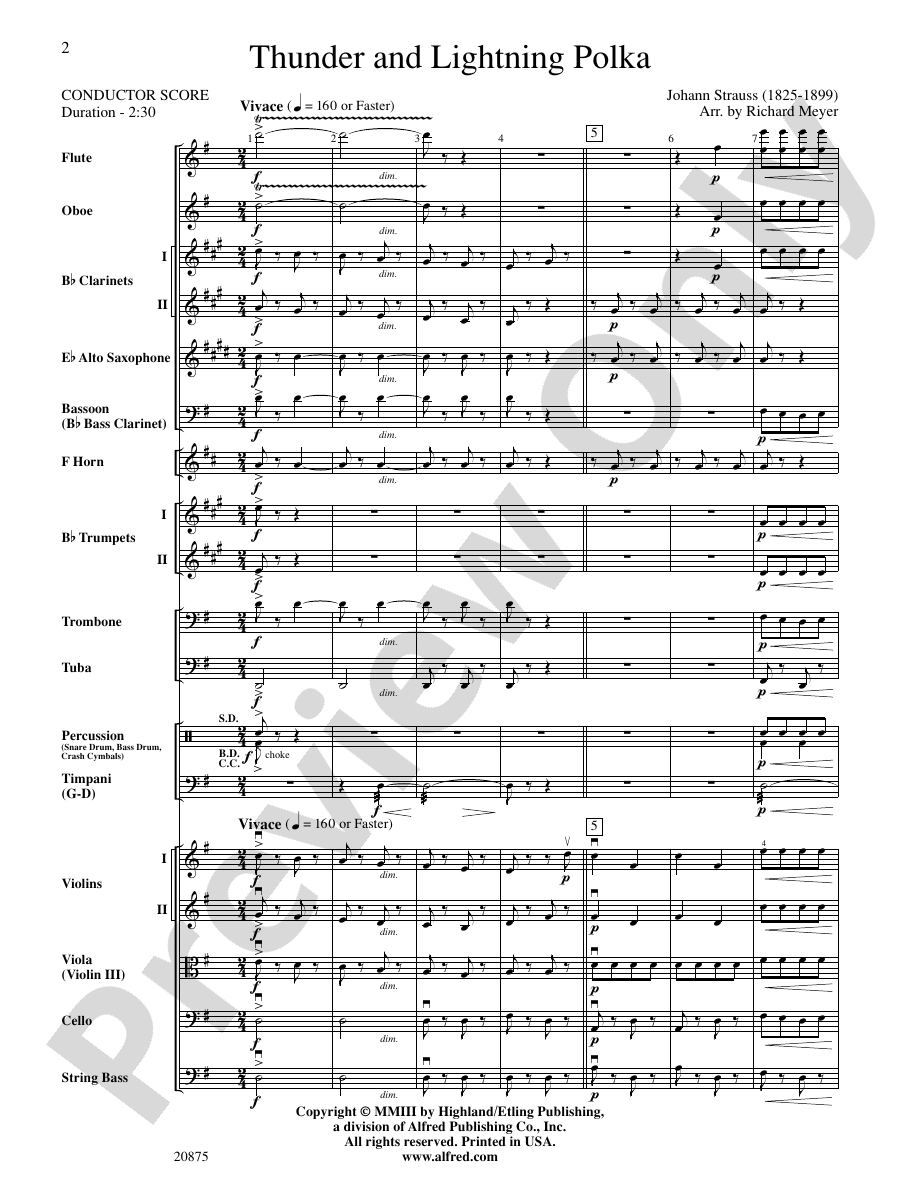 Thunder and lightning polka full orchestra conductor score parts