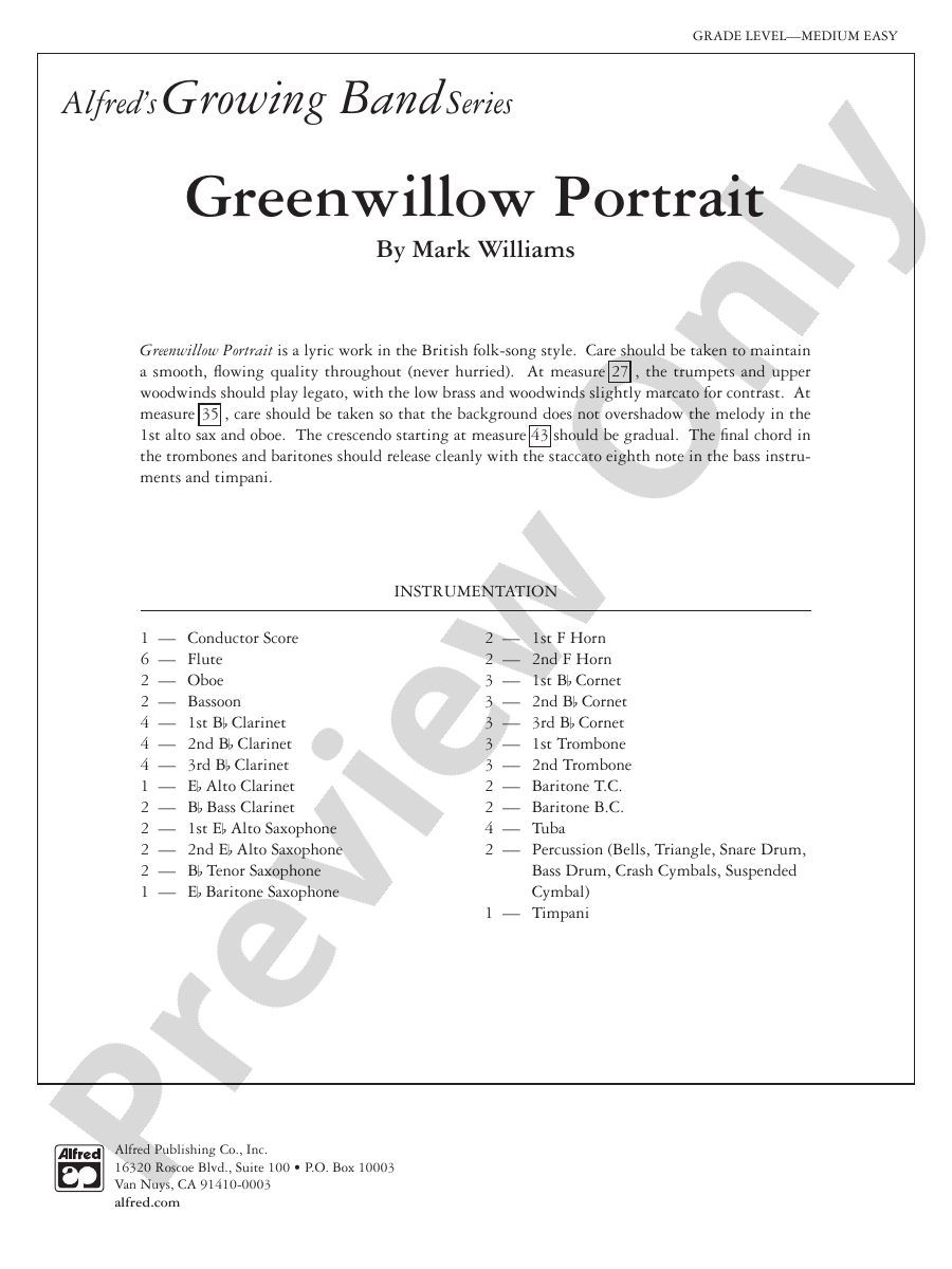 Greenwillow Portrait Concert Band Conductor Score & Parts Mark