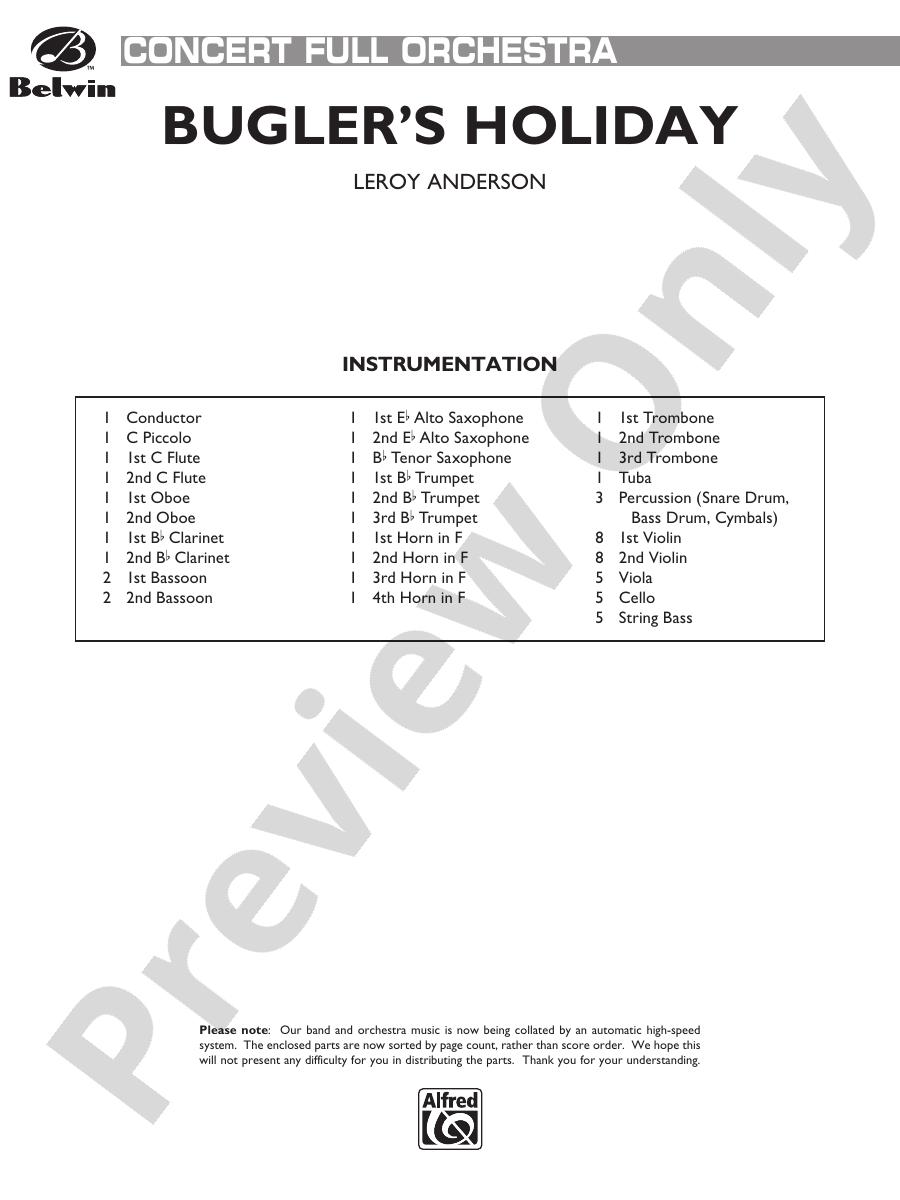 Bugler's Holiday Full Orchestra Conductor Score & Parts Leroy
