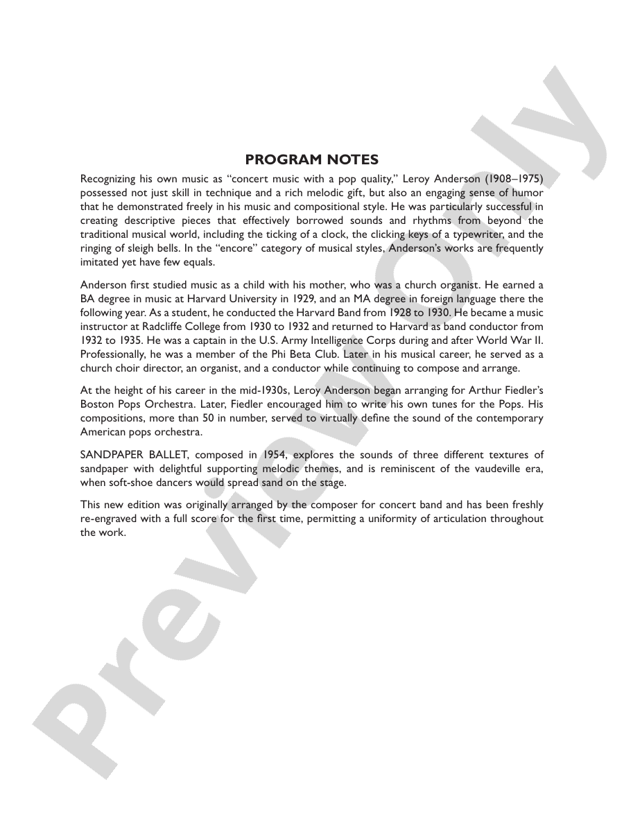 Sandpaper Ballet Concert Band Conductor Score & Parts Leroy Anderson Digital Sheet Music