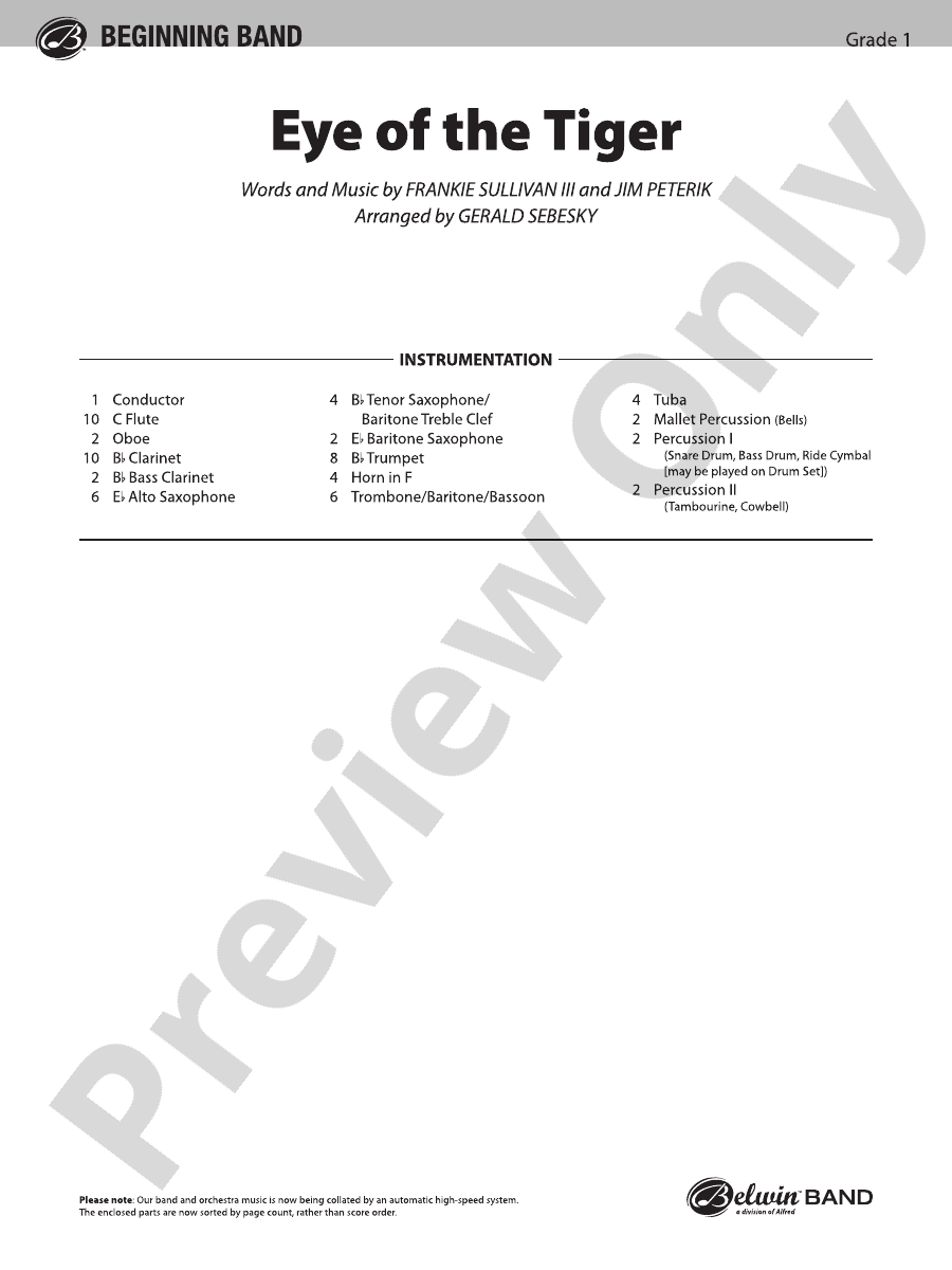 Eye of the Tiger Concert Band Conductor Score & Parts Digital Sheet