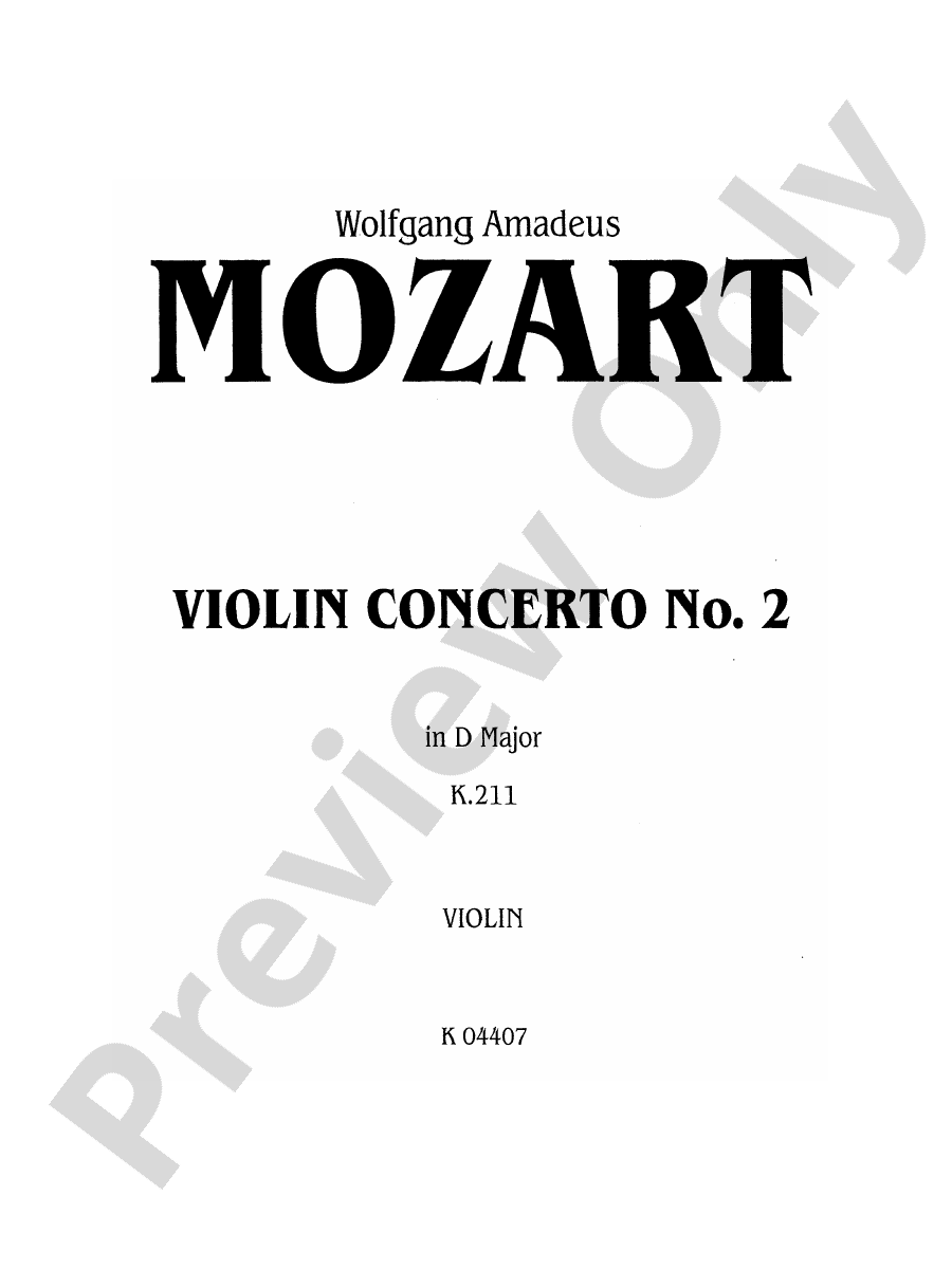 Mozart Violin Concerto No. 2 in D Major, K. 211 Violin Book Wolfgang
