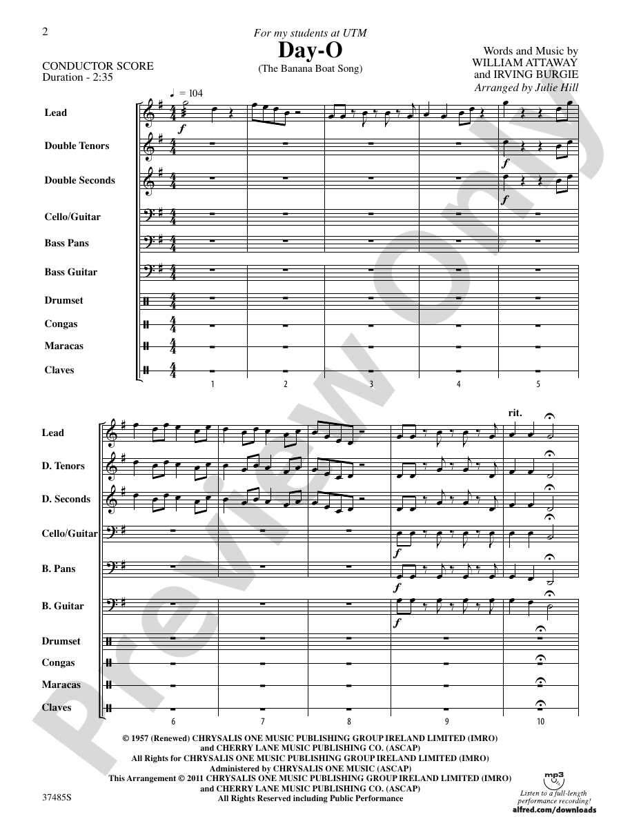 DayO (The Banana Boat Song) Steel Drum Conductor Score & Parts