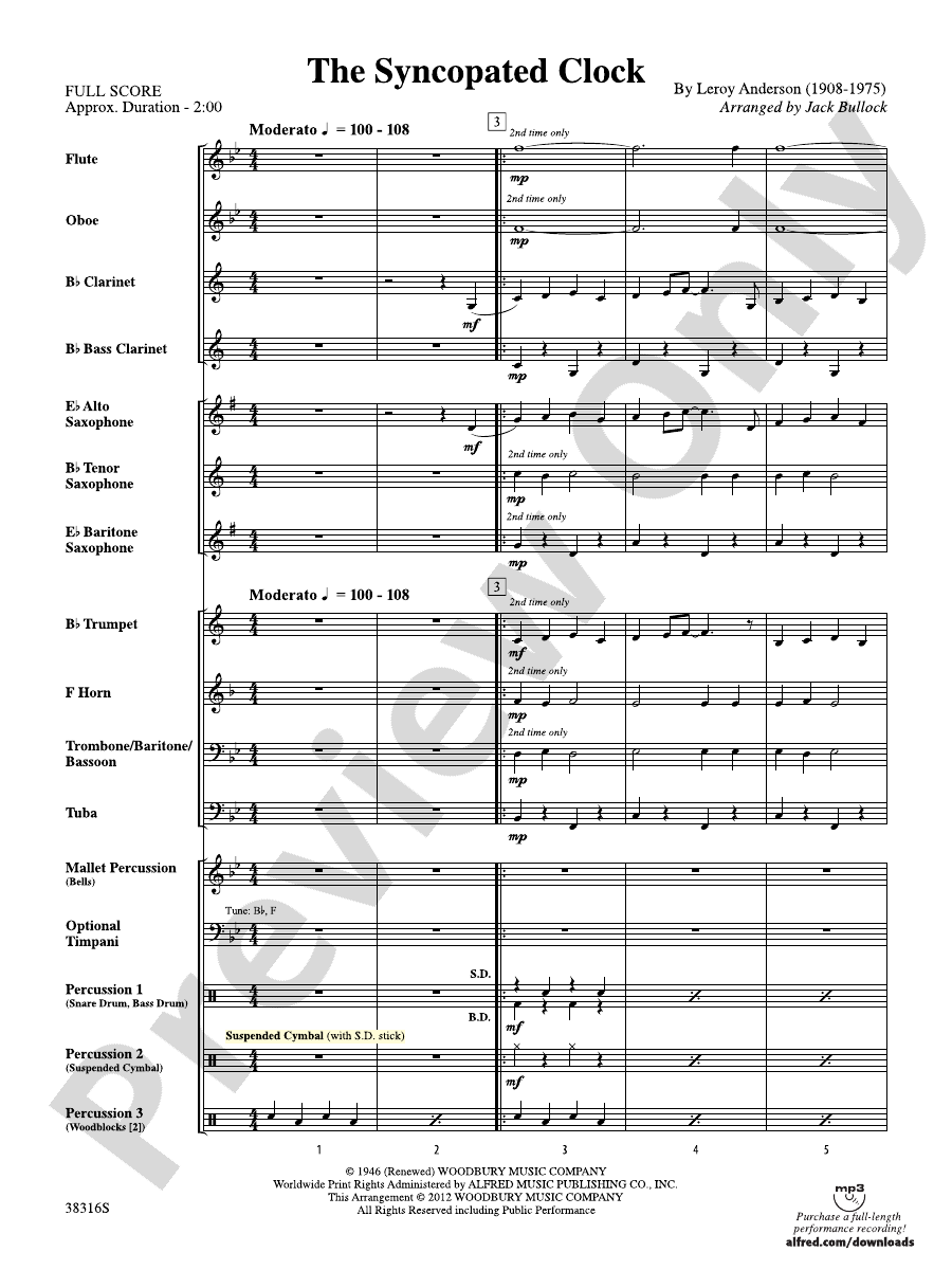 The Syncopated Clock Concert Band Conductor Score & Parts Leroy Anderson Digital Sheet Music