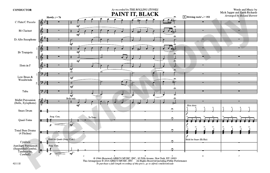 Paint It, Black Marching Band Conductor Score & Parts The Rolling