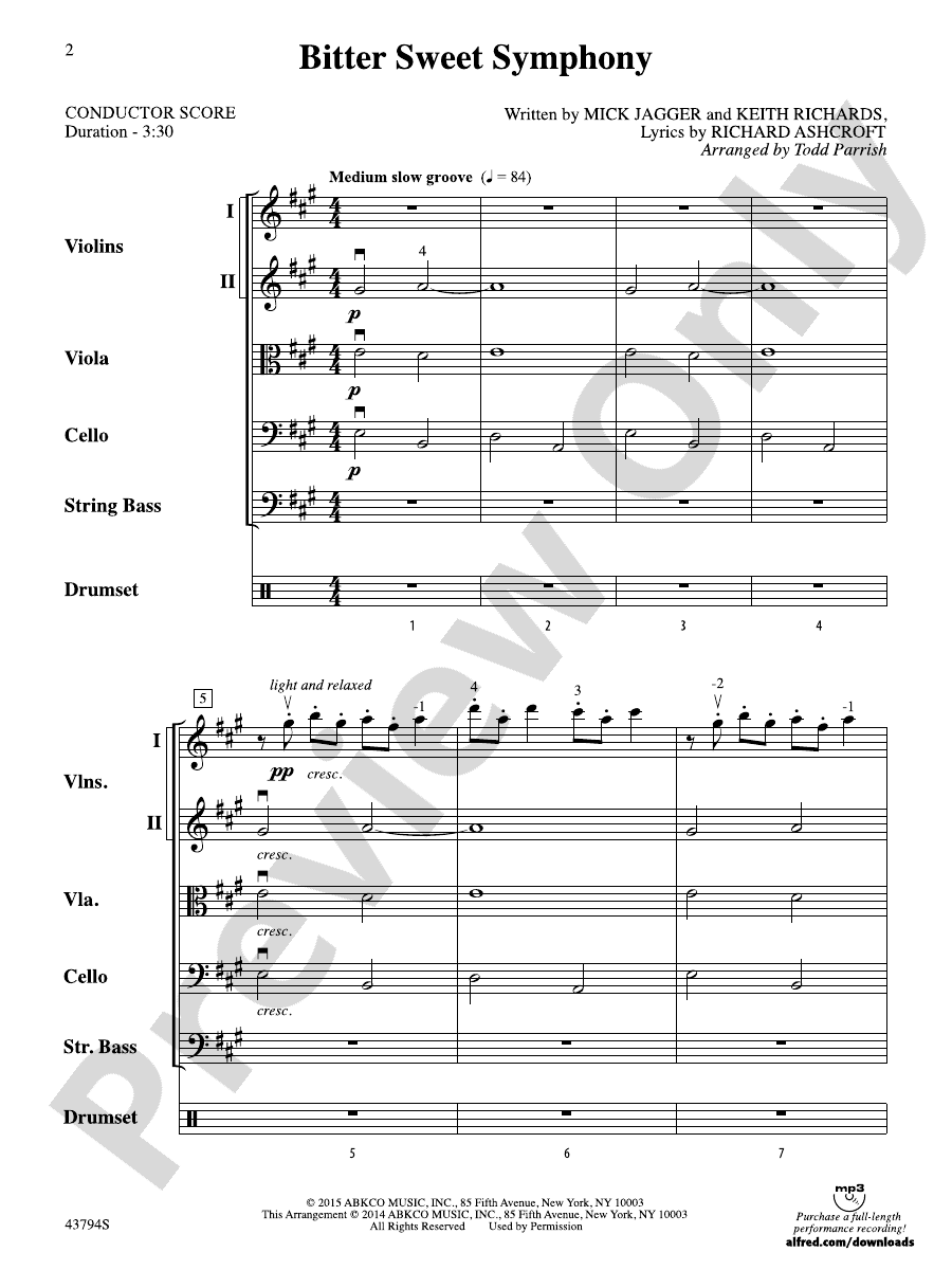 Bitter Sweet Symphony String Orchestra Conductor Score & Parts The