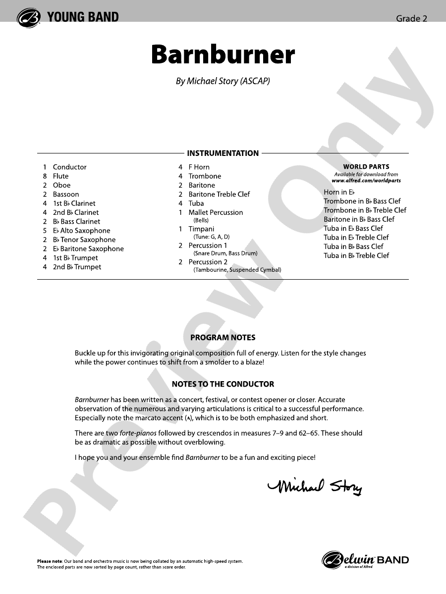 Barnburner Concert Band Conductor Score & Parts Michael Story