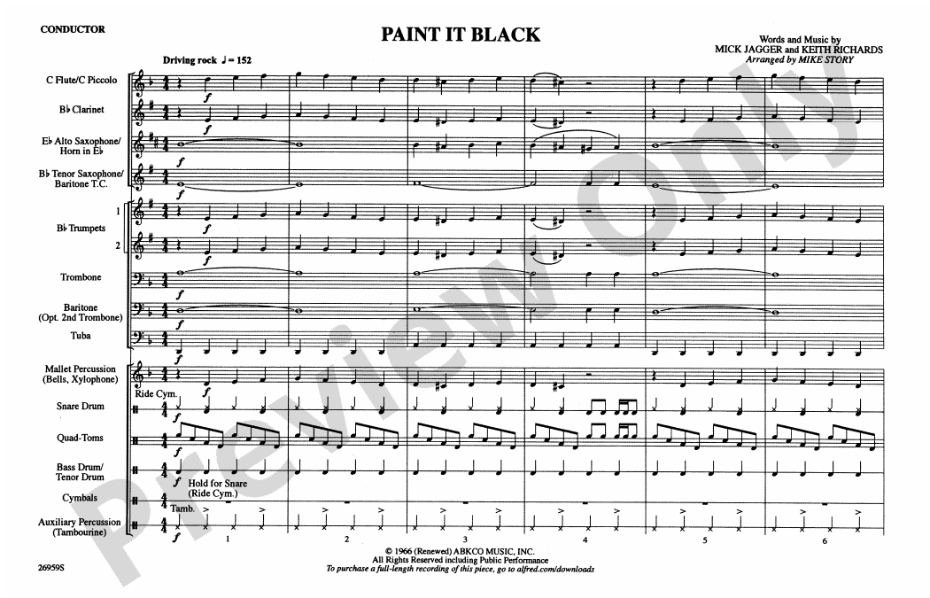 Paint It Black Marching Band Conductor Score & Parts Keith Richards
