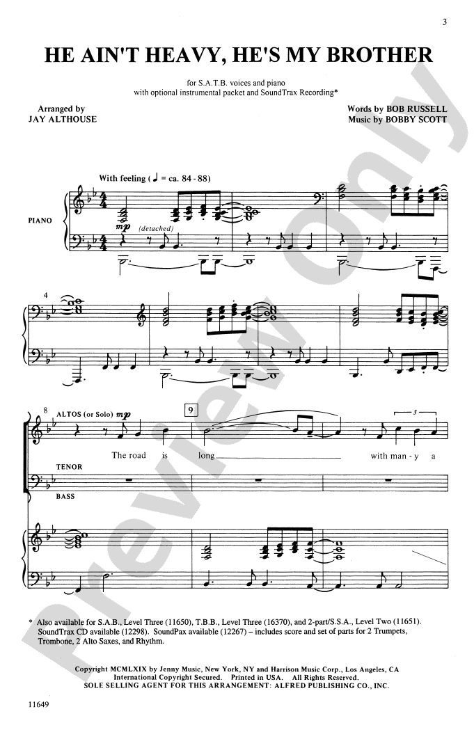 He Ain't Heavy, He's My Brother SATB Choral Octavo Digital Sheet