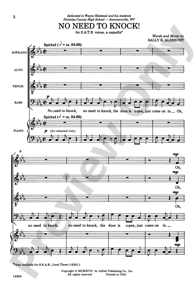 No Need To Knock Satb A Cappella Choral Octavo Sally K Albrecht Digital Sheet Music Download 3467