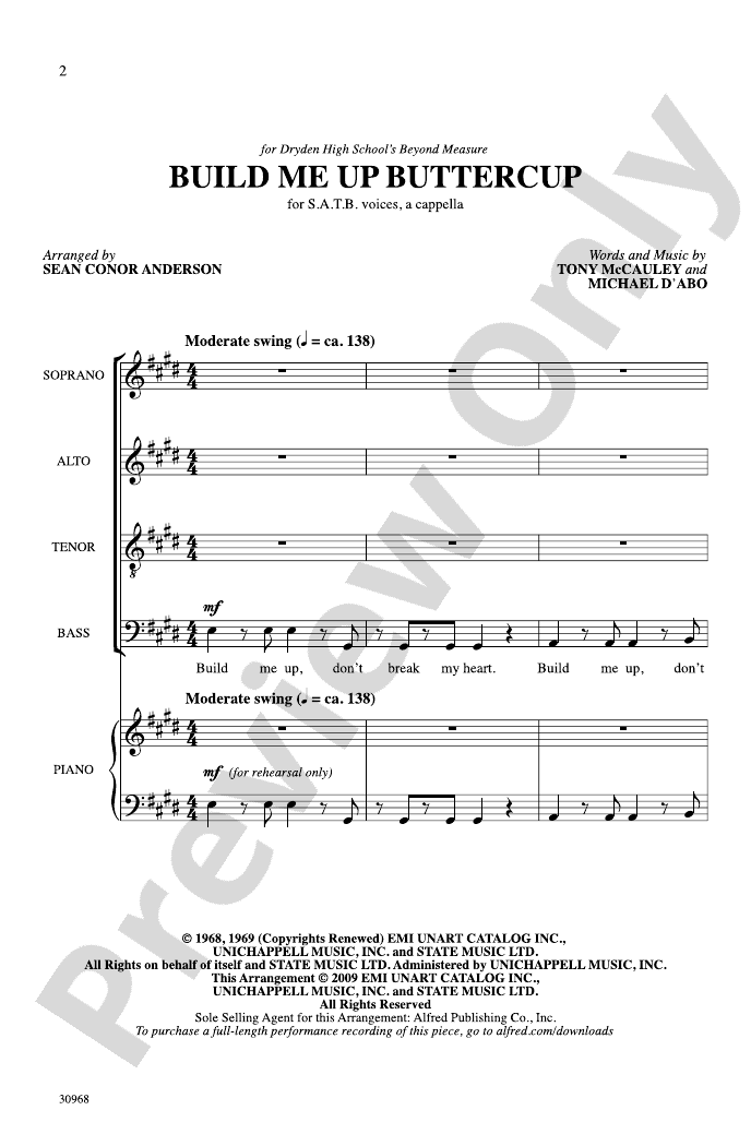 Build Me Up Buttercup SATB a cappella Choral Octavo MIchael D'Abo