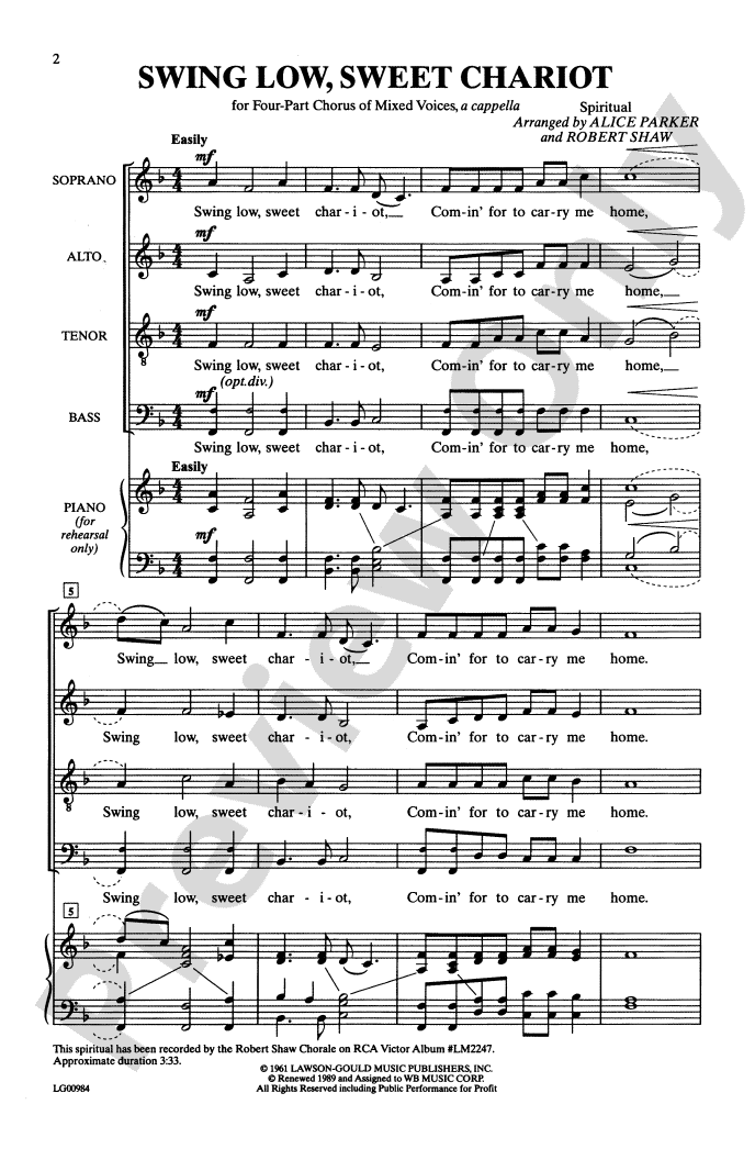 Swing Low, Sweet Chariot: SATB Choral Octavo - Digital Sheet Music Download