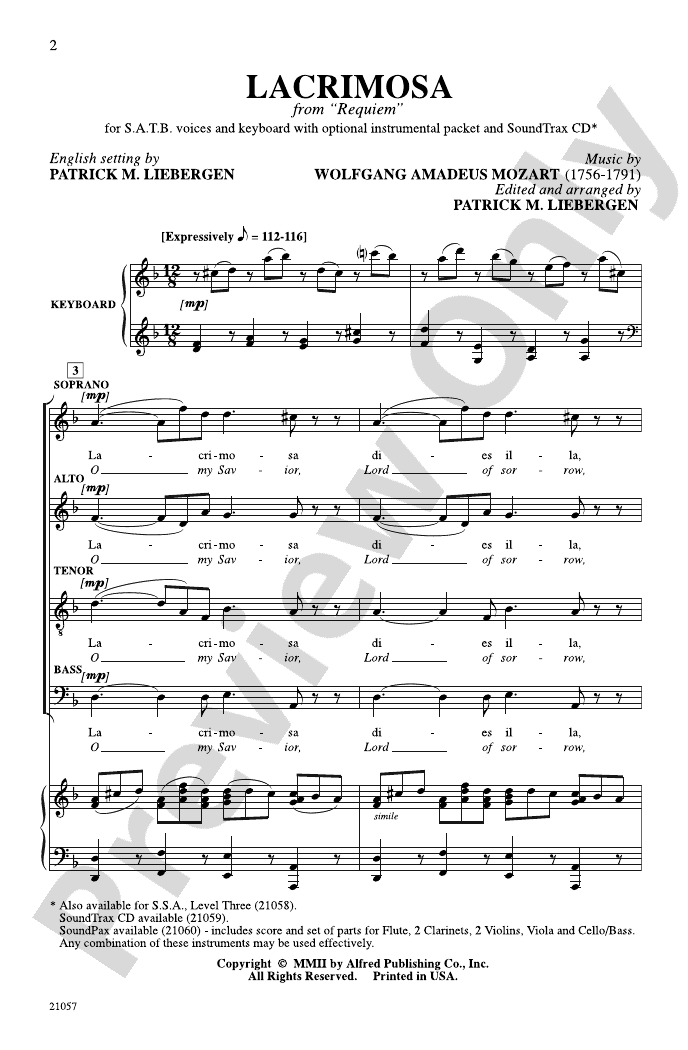 Lacrimosa (from Requiem): SATB Choral Octavo: Wolfgang Amadeus Mozart ...