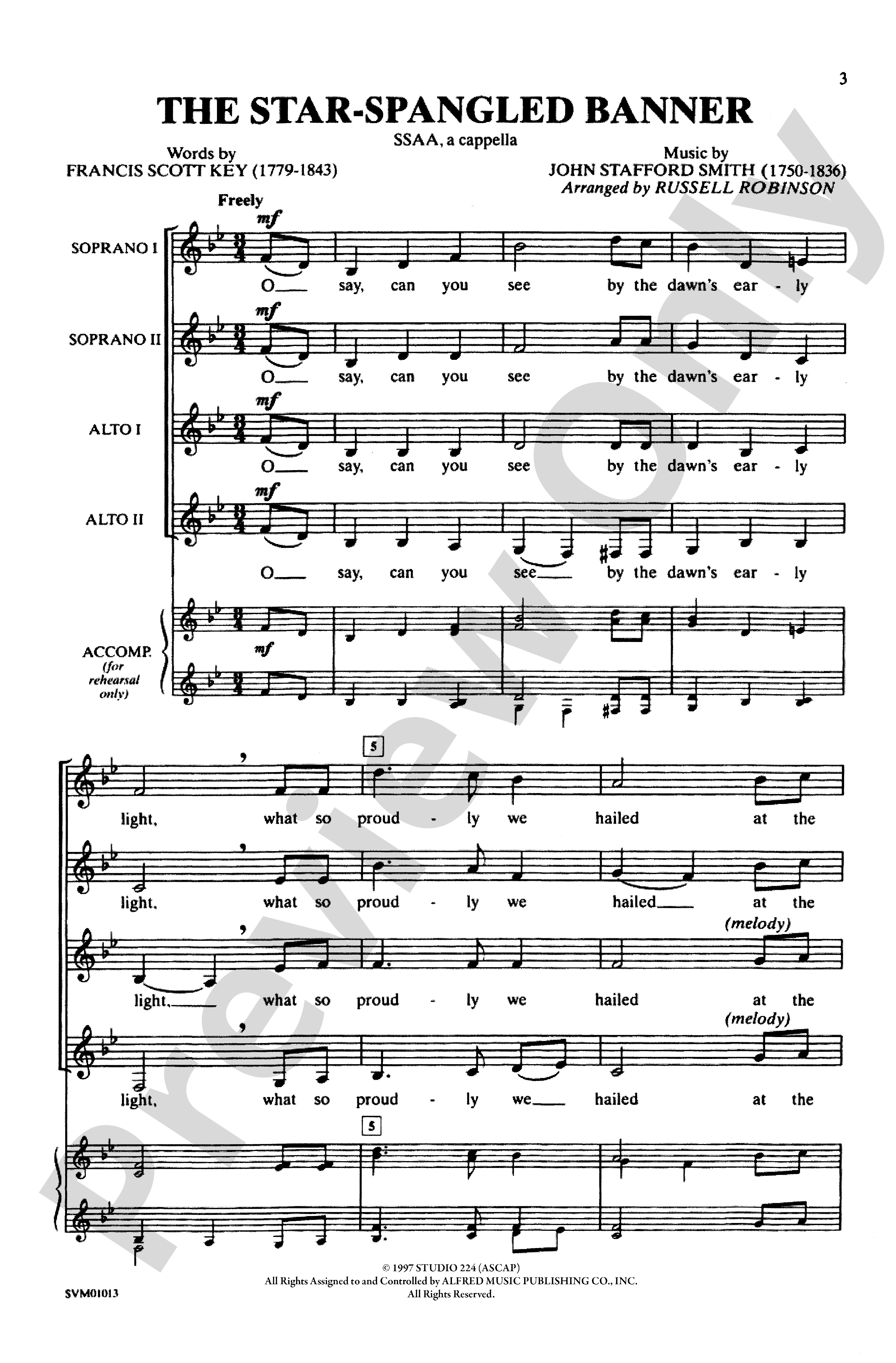 The Star Spangled Banner Ssaa A Cappella Choral Octavo John Stafford Smith Digital Sheet 5048