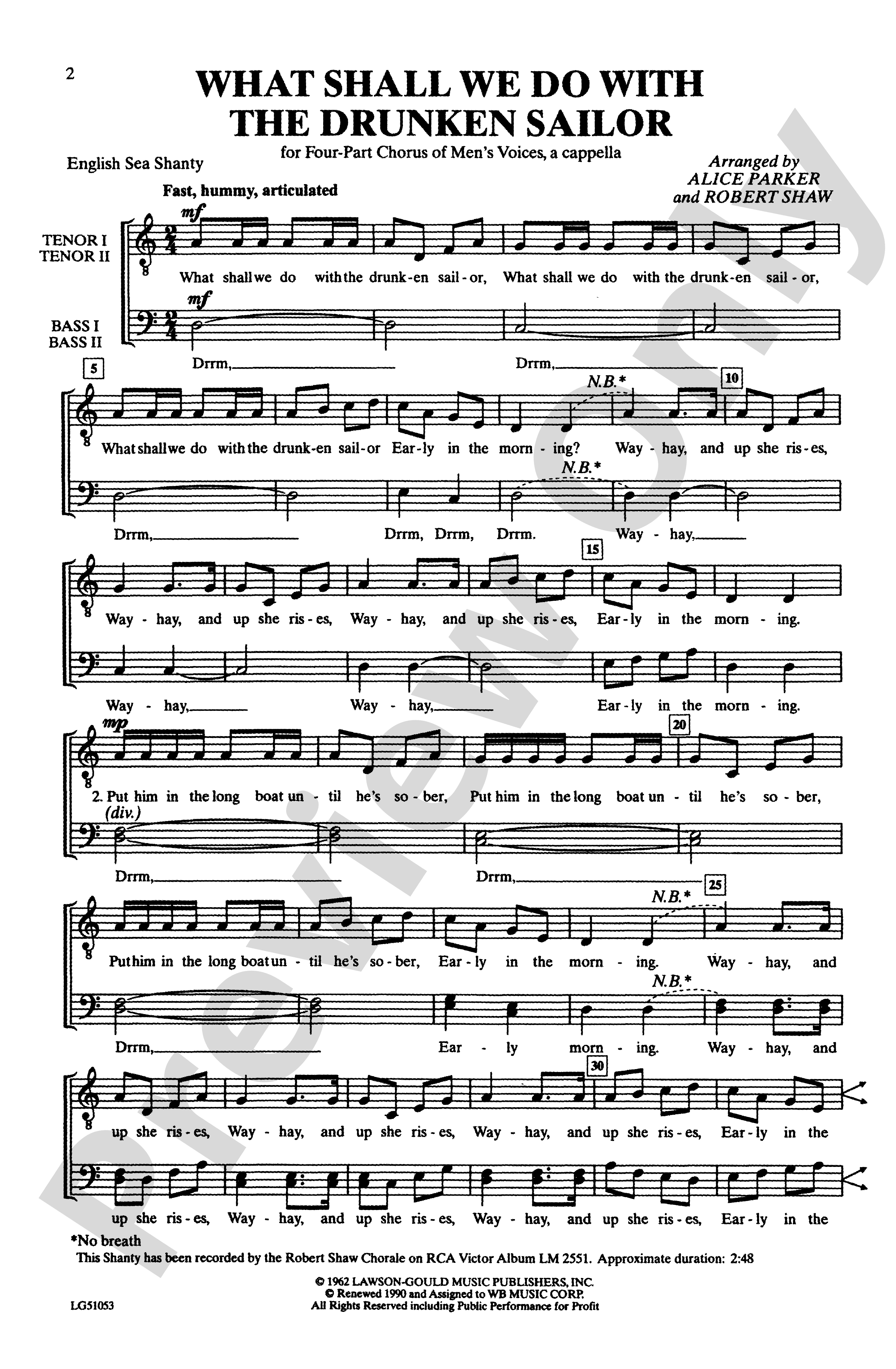 What Shall We Do With The Drunken Sailor Ttbb Choral Octavo Digital Sheet Music Download 