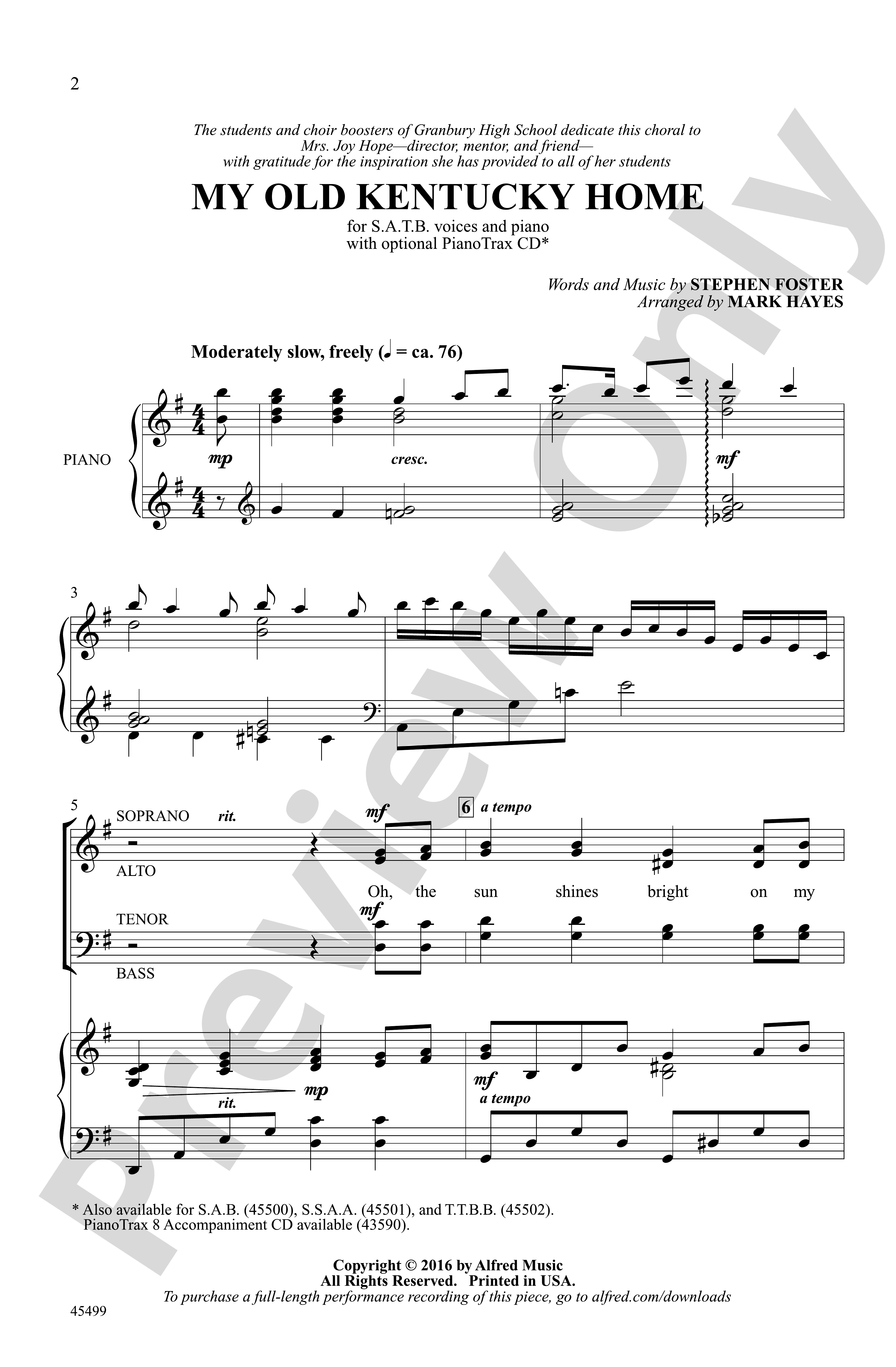 My Old Kentucky Home SATB Choral Octavo Stephen Foster Digital