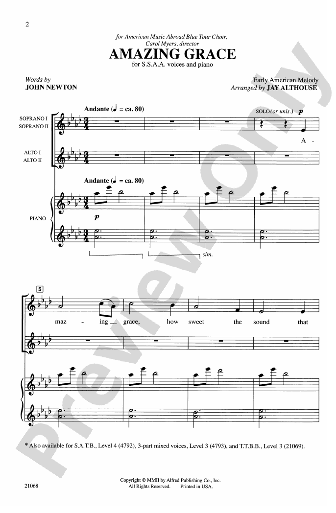 Amazing Grace: SSAA Choral Octavo - Digital Sheet Music Download