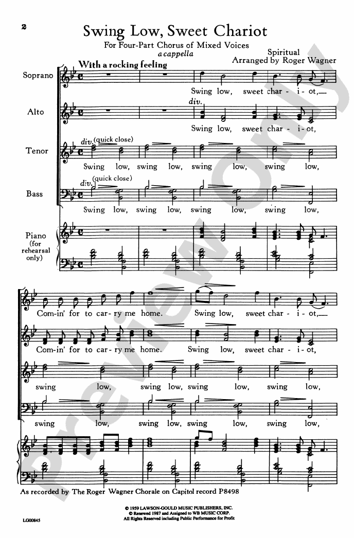 Swing Low, Sweet Chariot: SATB Choral Octavo - Digital Sheet Music Download