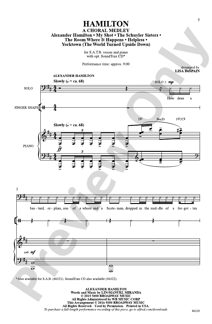 Hamilton Satb Choral Octavo Lin Manuel Miranda Digital Sheet Music