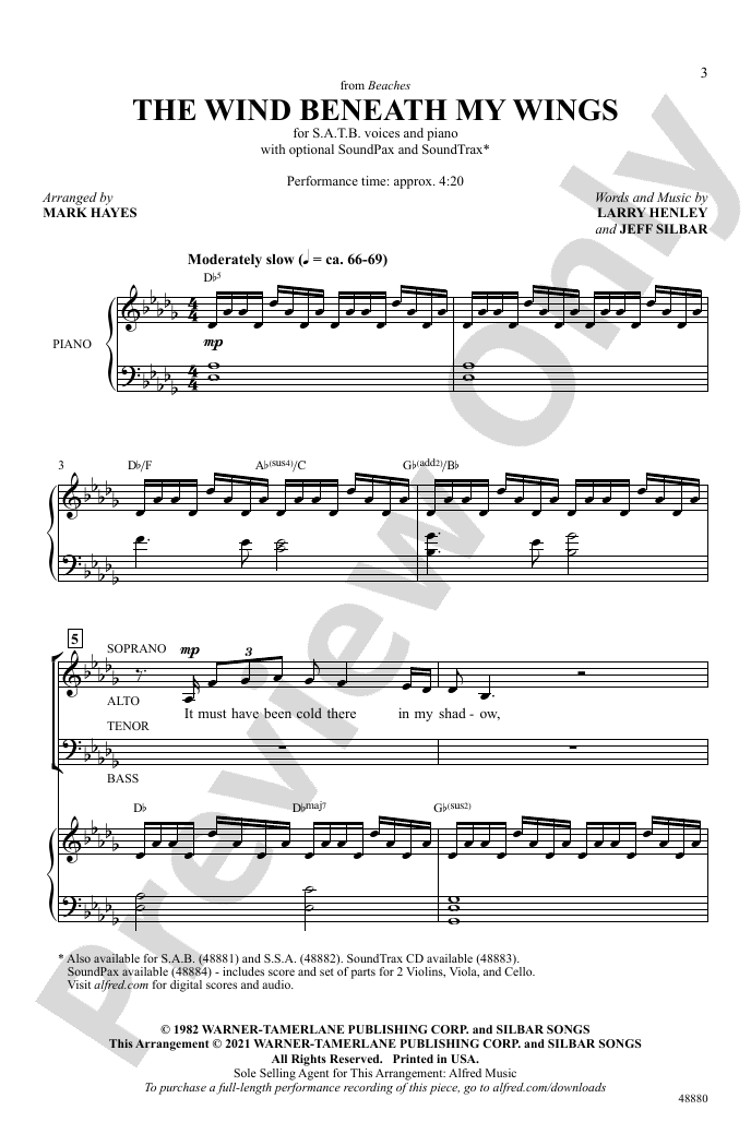 The Wind Beneath My Wings SATB Choral Octavo Larry Henley Digital