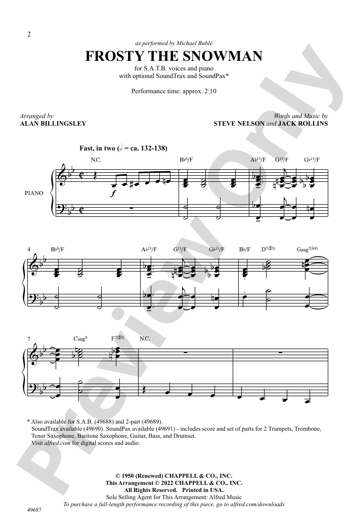 Frosty the Snowman: SATB Choral Octavo: Steve Nelson - Digital Sheet ...