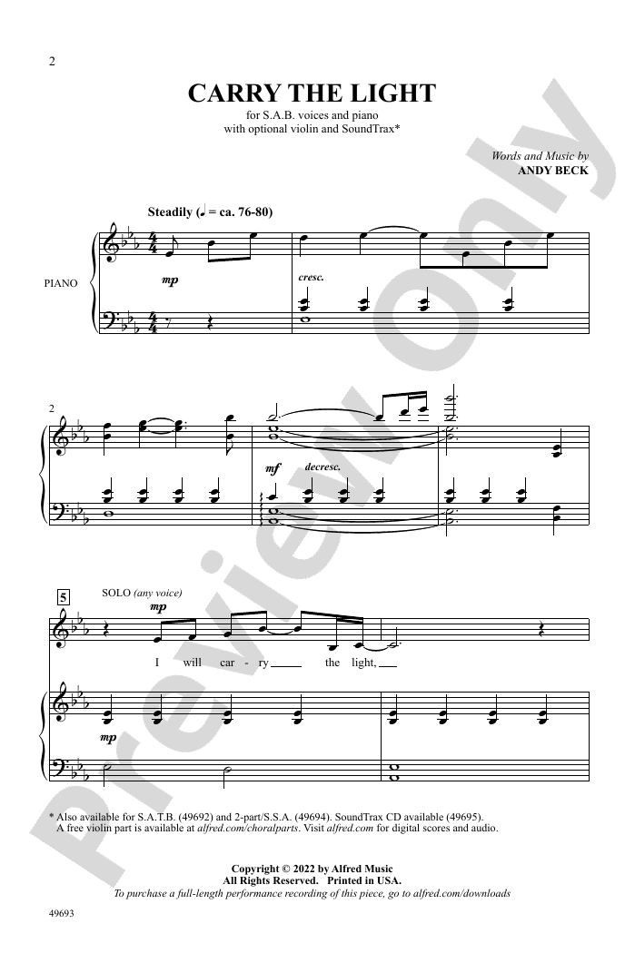 Carry the Light SAB Choral Octavo Andy Beck Digital Sheet Music