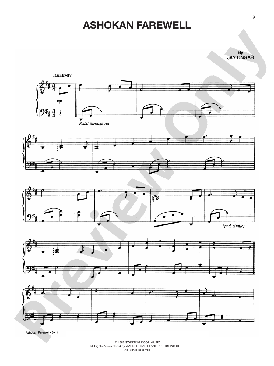 Ashokan Farewell Piano/Vocal/Chords Jay Ungar Digital Sheet Music