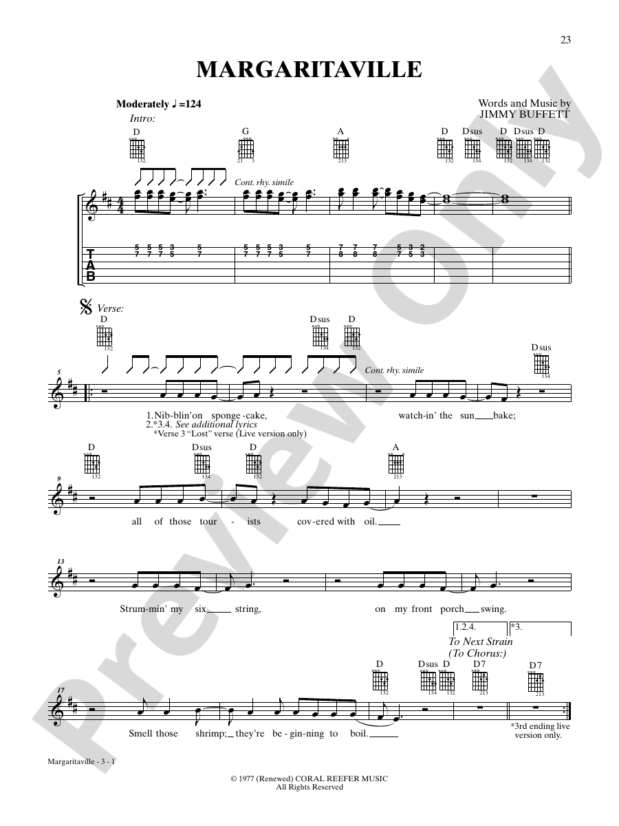 Margaritaville Guitar Jimmy Buffett Digital Sheet Music Download