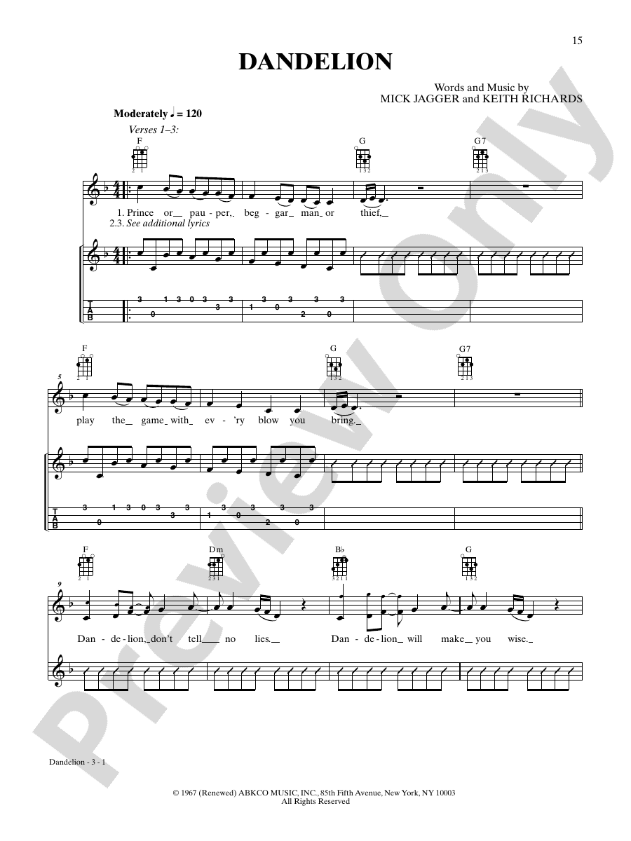 Dandelion Ukulele The Rolling Stones Digital Sheet Music Download