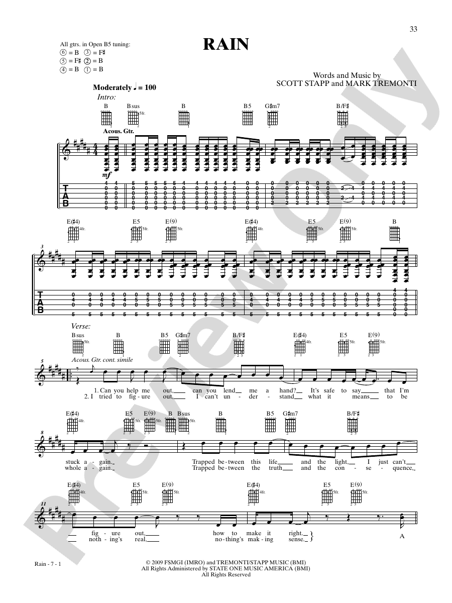 Rain Guitar Creed Digital Sheet Music Download