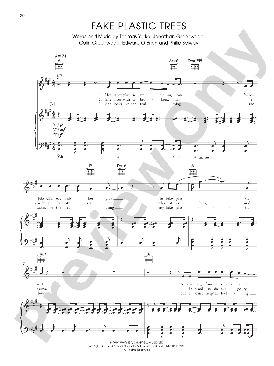 Fake Plastic Trees Piano/Vocal/Guitar Radiohead Digital Sheet Music