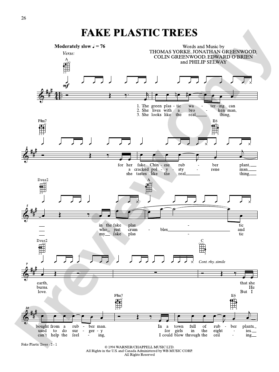 Fake Plastic Trees Ukulele Radiohead Digital Sheet Music Download