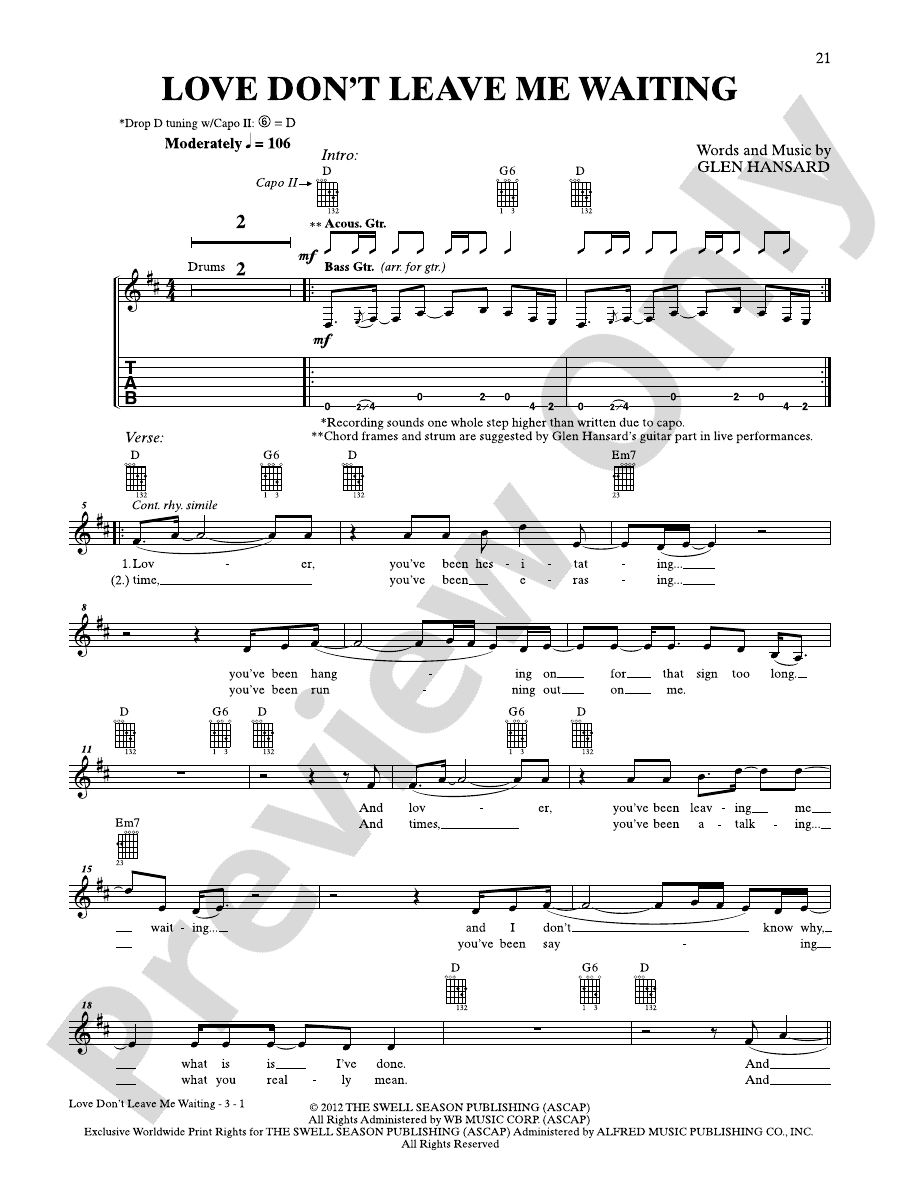 Love Don t Leave Me Waiting Guitar Glen Hansard Digital Sheet Music 