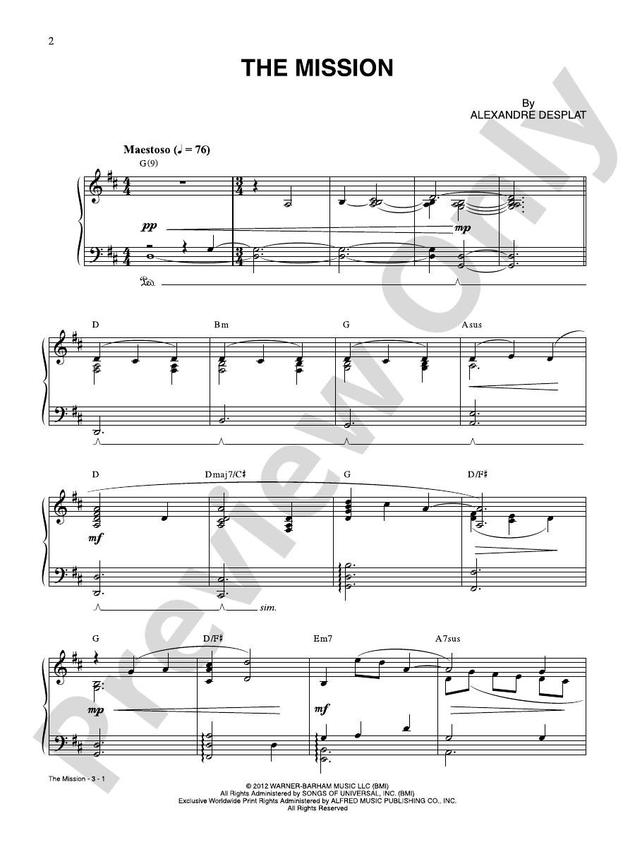 The Mission Piano Alexandre Desplat Digital Sheet Music Download