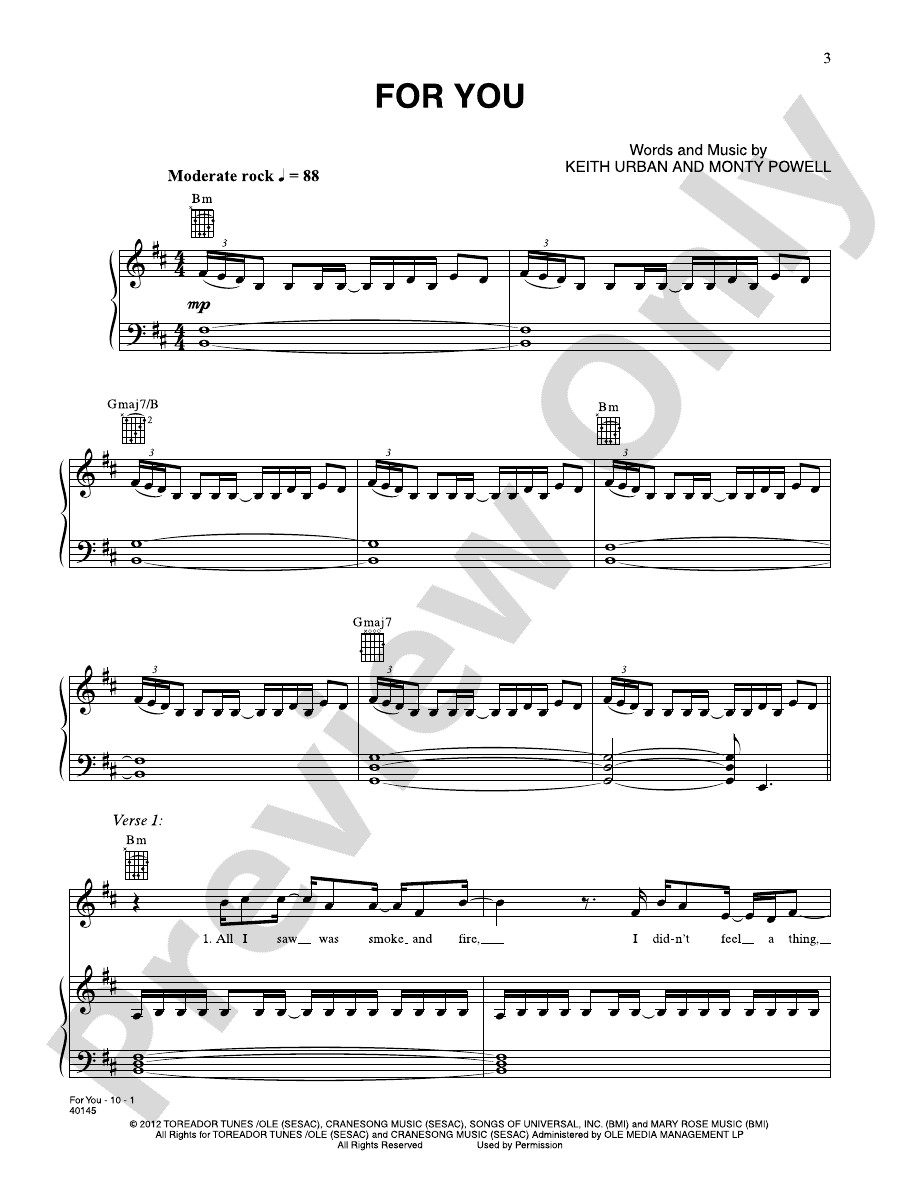 For You Piano/Vocal/Guitar Keith Urban Digital Sheet Music Download