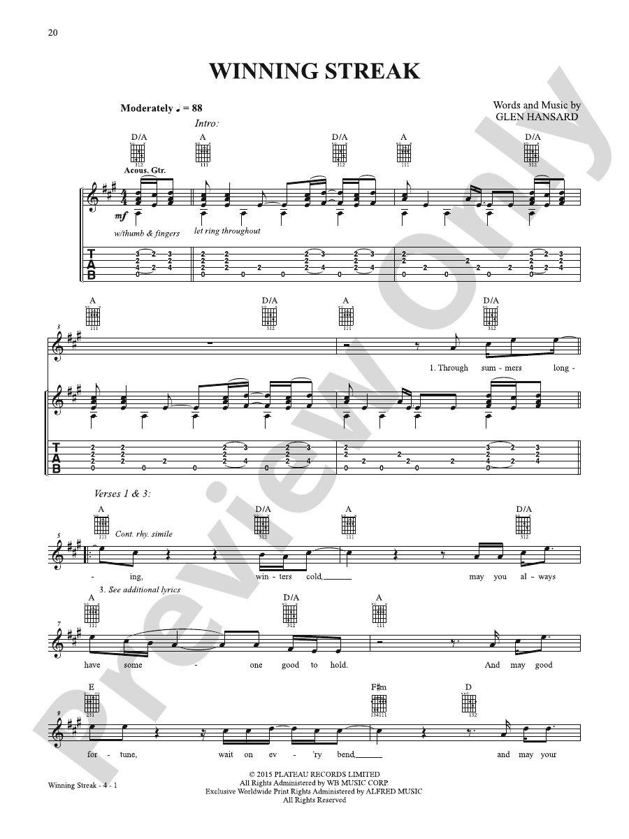 Winning Streak Guitar Glen Hansard Digital Sheet Music Download